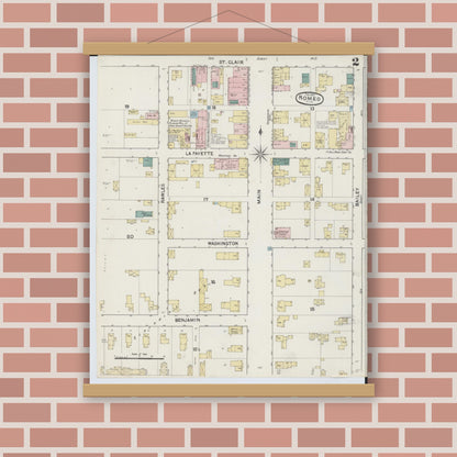 Old map wall art mockup — magnetic wood frame on brick wall — Sanborn Fire Insurance Map from Romeo, Macomb County, Michigan (1890), Sheet #0002