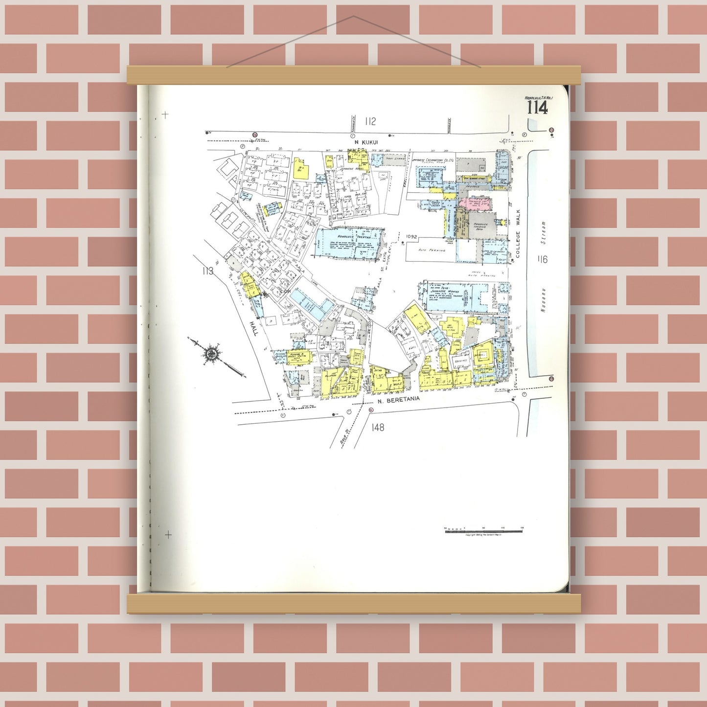 Old map wall art mockup — magnetic wood frame on brick wall — Sanborn Fire Insurance Map from Honolulu, Oahu County, Hawaii (1955), Sheet #0114