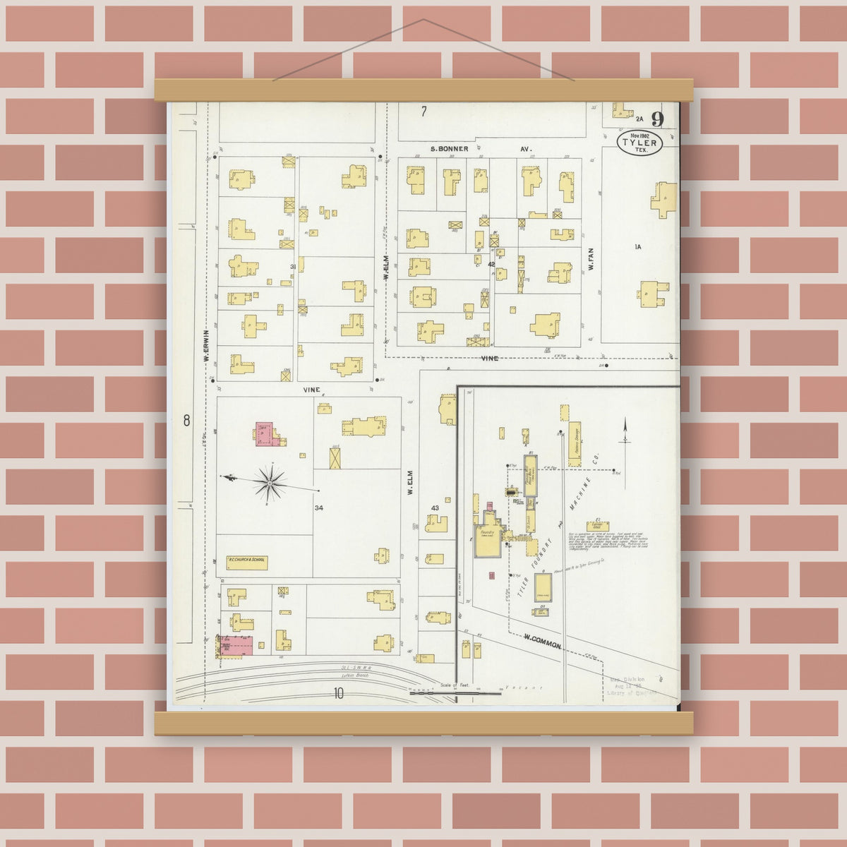 Old map wall art mockup — magnetic wood frame on brick wall — Sanborn Fire Insurance Map from Tyler, Smith County, Texas (1902), Sheet #0009