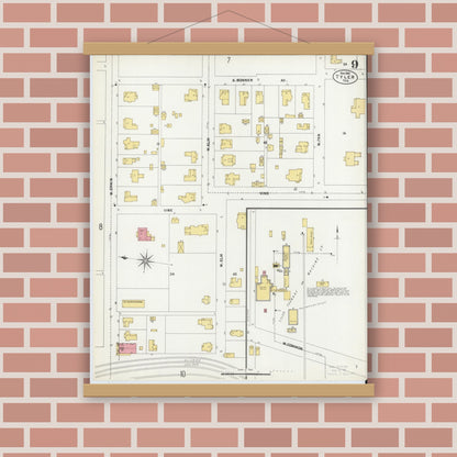 Old map wall art mockup — magnetic wood frame on brick wall — Sanborn Fire Insurance Map from Tyler, Smith County, Texas (1902), Sheet #0009