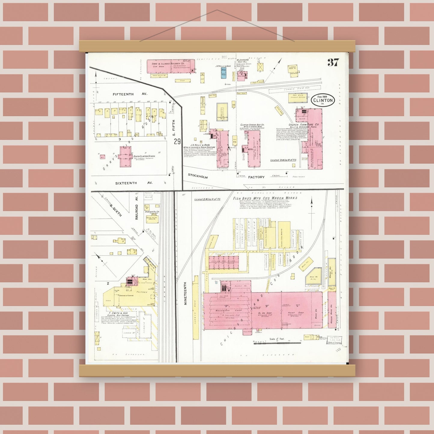 Old map wall art mockup — magnetic wood frame on brick wall — Sanborn Fire Insurance Map from Clinton, Clinton County, Iowa (1909), Sheet #0037