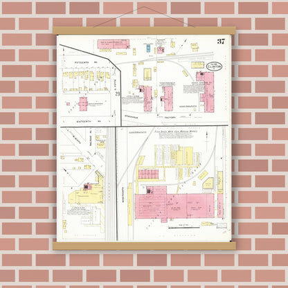 Old map wall art mockup — magnetic wood frame on brick wall — Sanborn Fire Insurance Map from Clinton, Clinton County, Iowa (1909), Sheet #0037