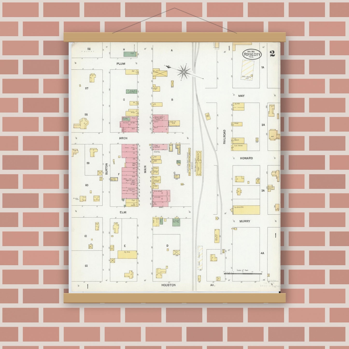 Old map wall art mockup — magnetic wood frame on brick wall — Sanborn Fire Insurance Map from Royse City, Rockwell County, Texas (1901), Sheet #0002