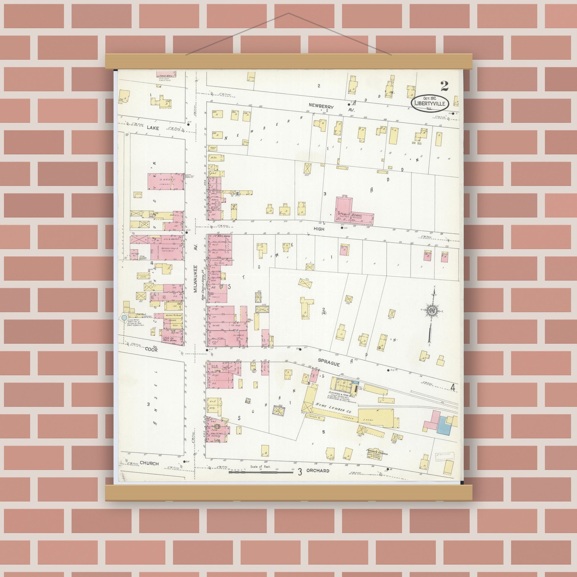 Old map wall art mockup — magnetic wood frame on brick wall — Sanborn Fire Insurance Map from Libertyville, Lake County, Illinois (1912), Sheet #0002