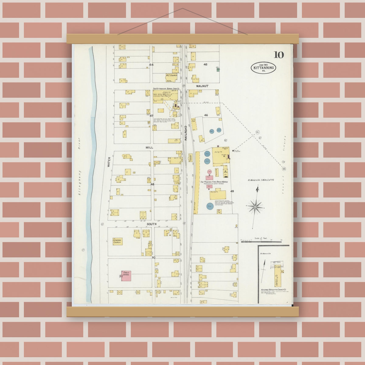 Old map wall art mockup — magnetic wood frame on brick wall — Sanborn Fire Insurance Map from Kittanning, Armstrong County, Pennsylvania (1903), Sheet #0010