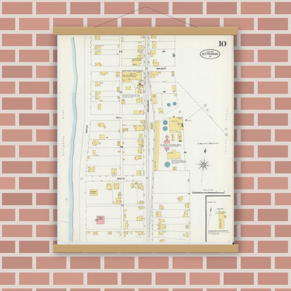 Old map wall art mockup — magnetic wood frame on brick wall — Sanborn Fire Insurance Map from Kittanning, Armstrong County, Pennsylvania (1903), Sheet #0010