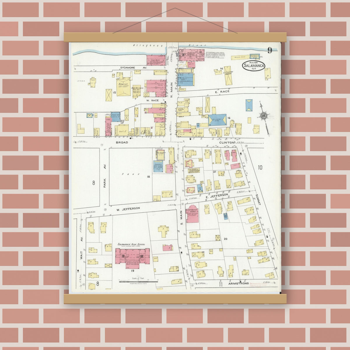 Old map wall art mockup — magnetic wood frame on brick wall — Sanborn Fire Insurance Map from Salamanca, Cattaraugus County, New York (1918), Sheet #0009