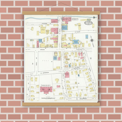 Old map wall art mockup — magnetic wood frame on brick wall — Sanborn Fire Insurance Map from Salamanca, Cattaraugus County, New York (1918), Sheet #0009