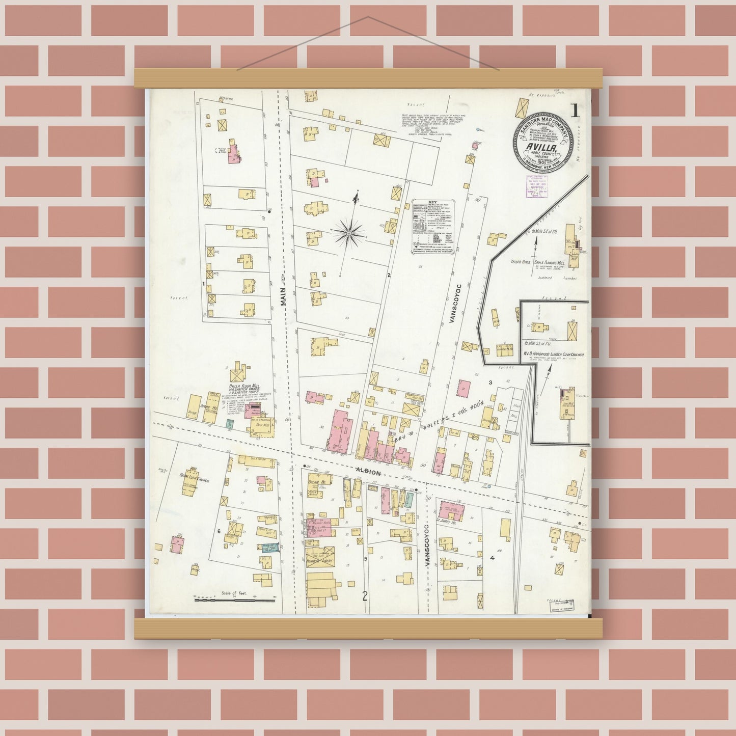 Old map wall art mockup — magnetic wood frame on brick wall — Sanborn Fire Insurance Map from Avilla, Noble County, Indiana (1905), Sheet #0001