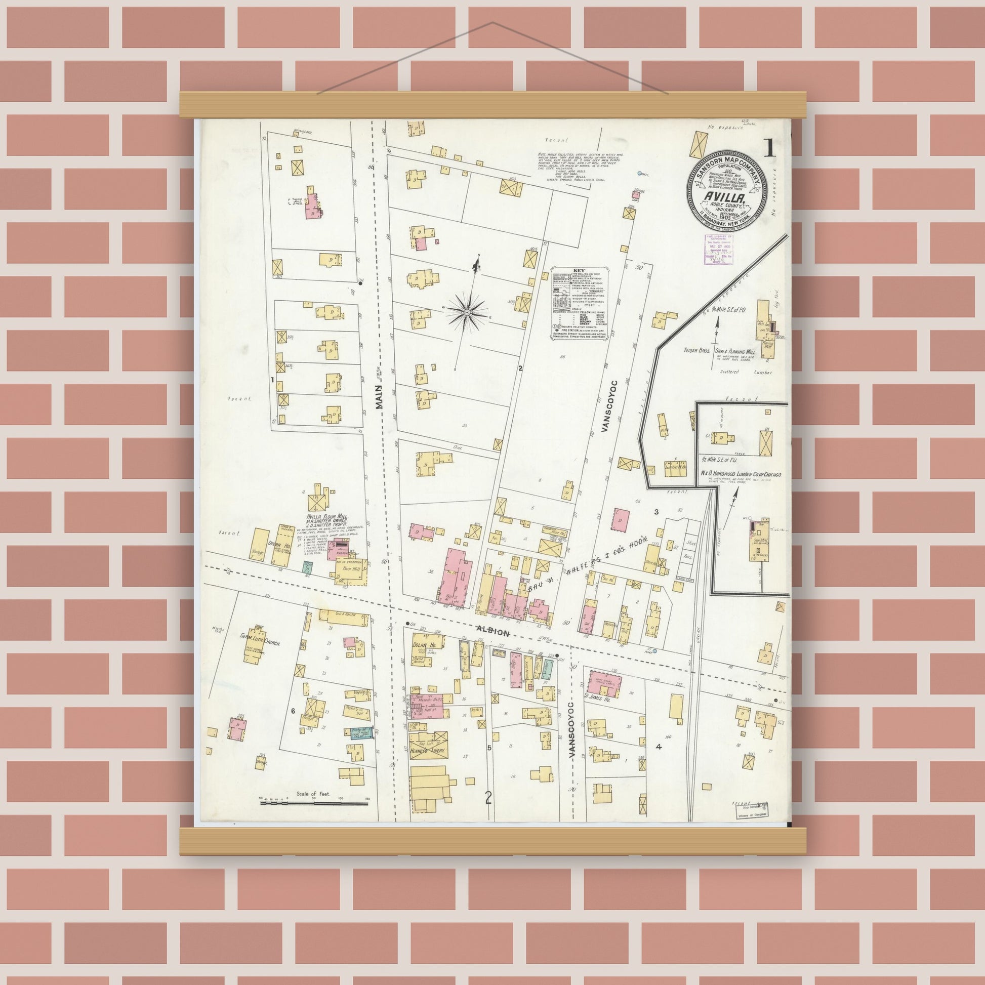 Old map wall art mockup — magnetic wood frame on brick wall — Sanborn Fire Insurance Map from Avilla, Noble County, Indiana (1905), Sheet #0001