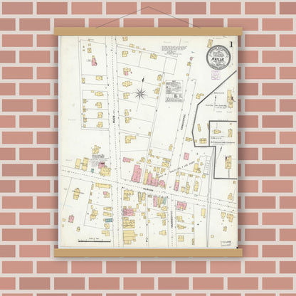 Old map wall art mockup — magnetic wood frame on brick wall — Sanborn Fire Insurance Map from Avilla, Noble County, Indiana (1905), Sheet #0001