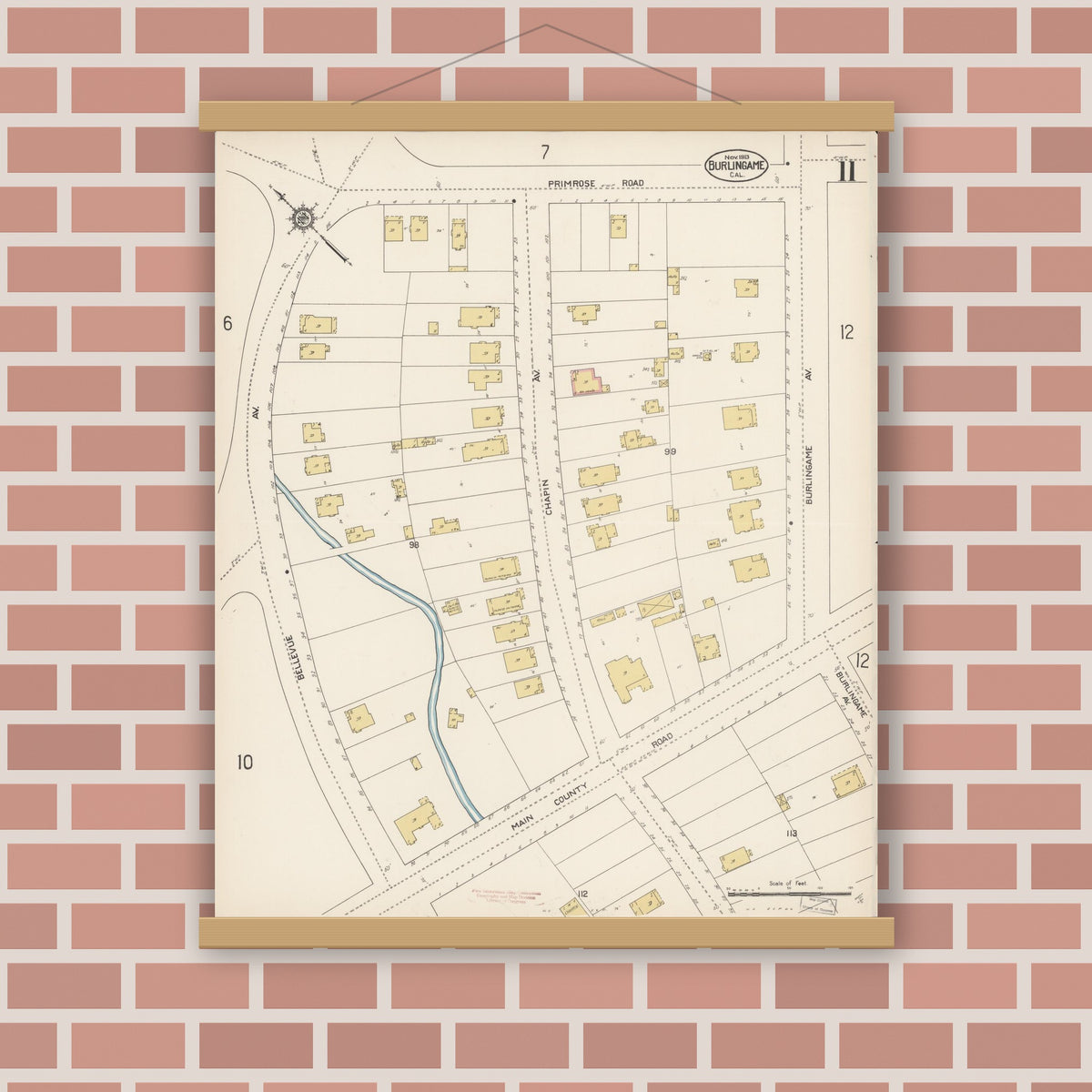 Old map wall art mockup — magnetic wood frame on brick wall — Sanborn Fire Insurance Map from Burlingame, San Mateo County, California (1913), Sheet #0011