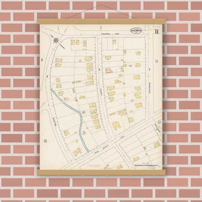 Old map wall art mockup — magnetic wood frame on brick wall — Sanborn Fire Insurance Map from Burlingame, San Mateo County, California (1913), Sheet #0011