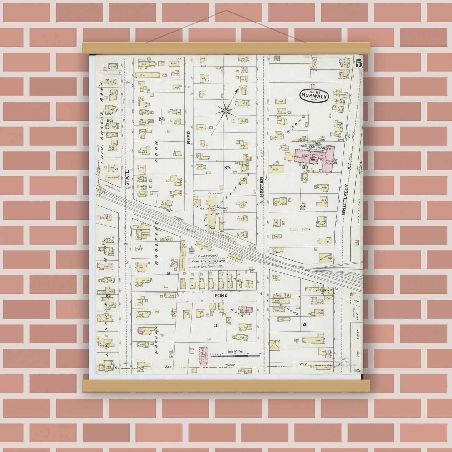 Old map wall art mockup — magnetic wood frame on brick wall — Sanborn Fire Insurance Map from Norwalk, Huron County, Ohio (1888), Sheet #0005