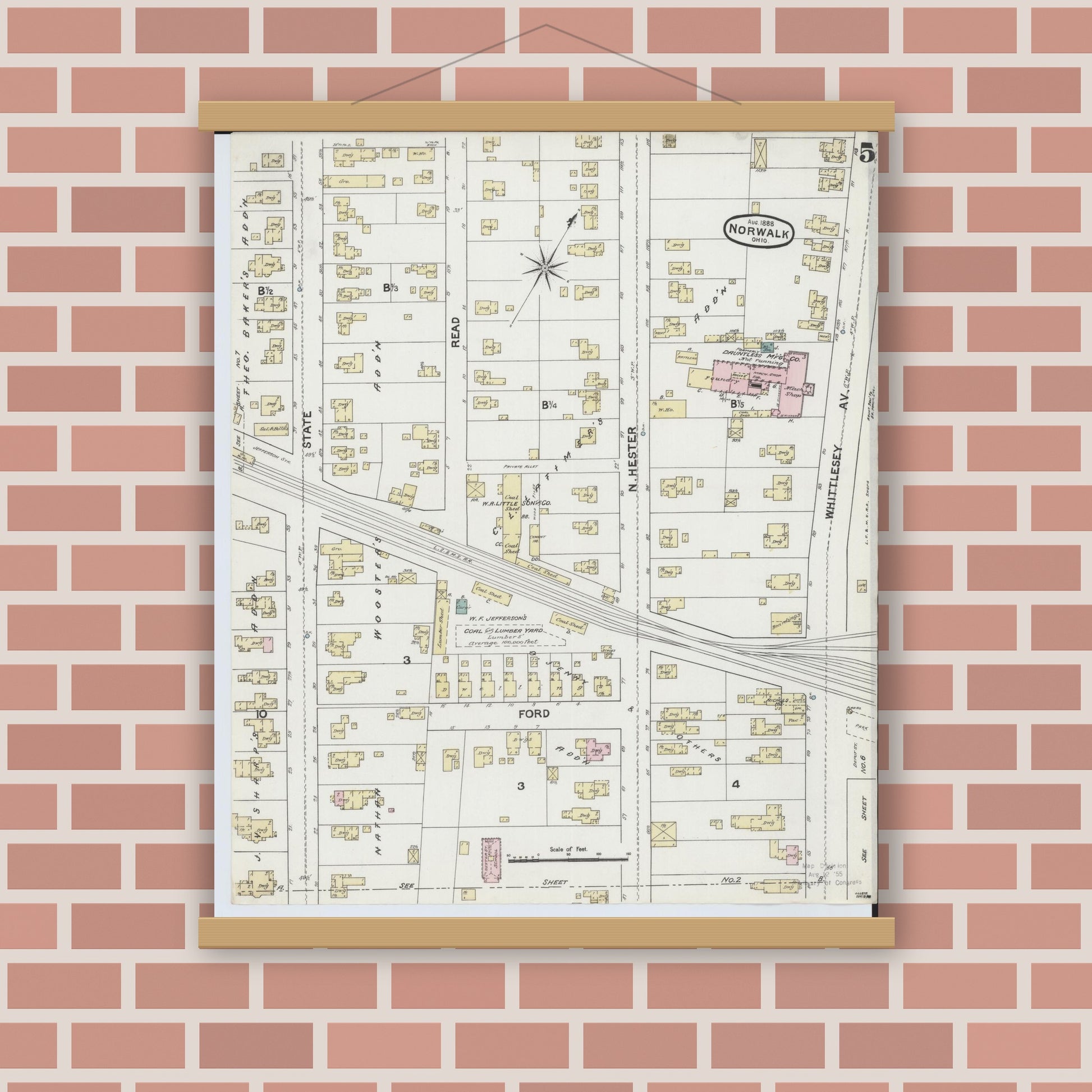 Old map wall art mockup — magnetic wood frame on brick wall — Sanborn Fire Insurance Map from Norwalk, Huron County, Ohio (1888), Sheet #0005