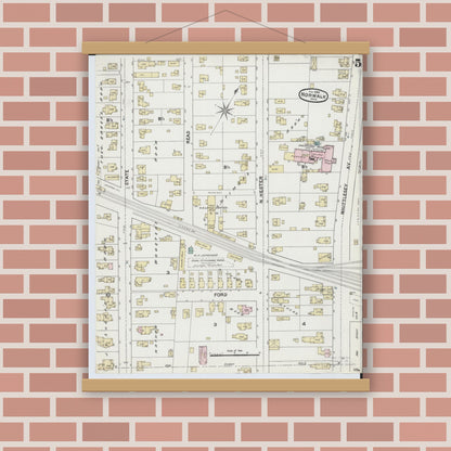 Old map wall art mockup — magnetic wood frame on brick wall — Sanborn Fire Insurance Map from Norwalk, Huron County, Ohio (1888), Sheet #0005
