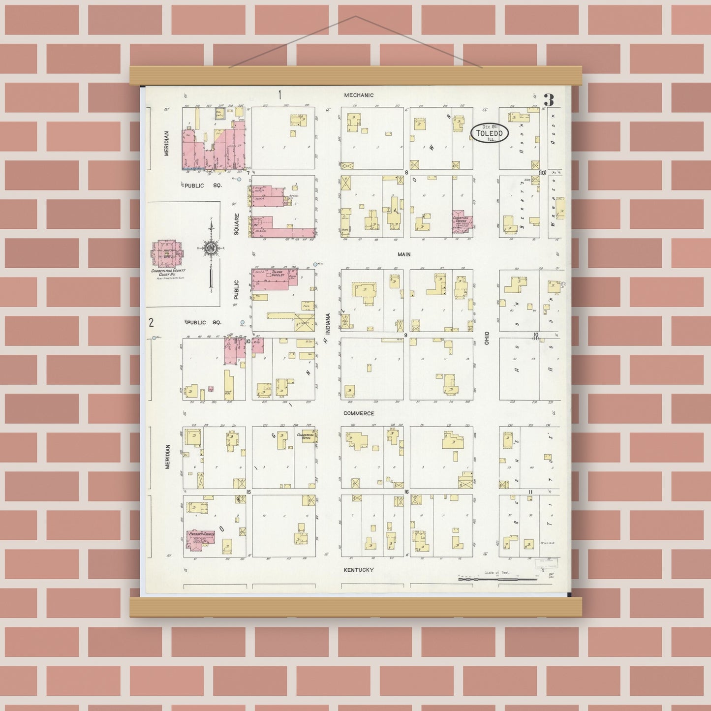 Old map wall art mockup — magnetic wood frame on brick wall — Sanborn Fire Insurance Map from Toledo, Cumberland County, Illinois (1911), Sheet #0003