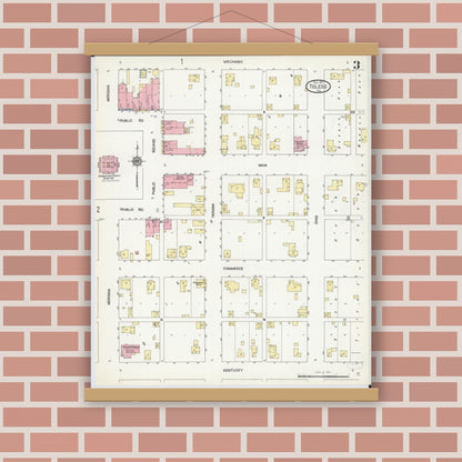 Old map wall art mockup — magnetic wood frame on brick wall — Sanborn Fire Insurance Map from Toledo, Cumberland County, Illinois (1911), Sheet #0003