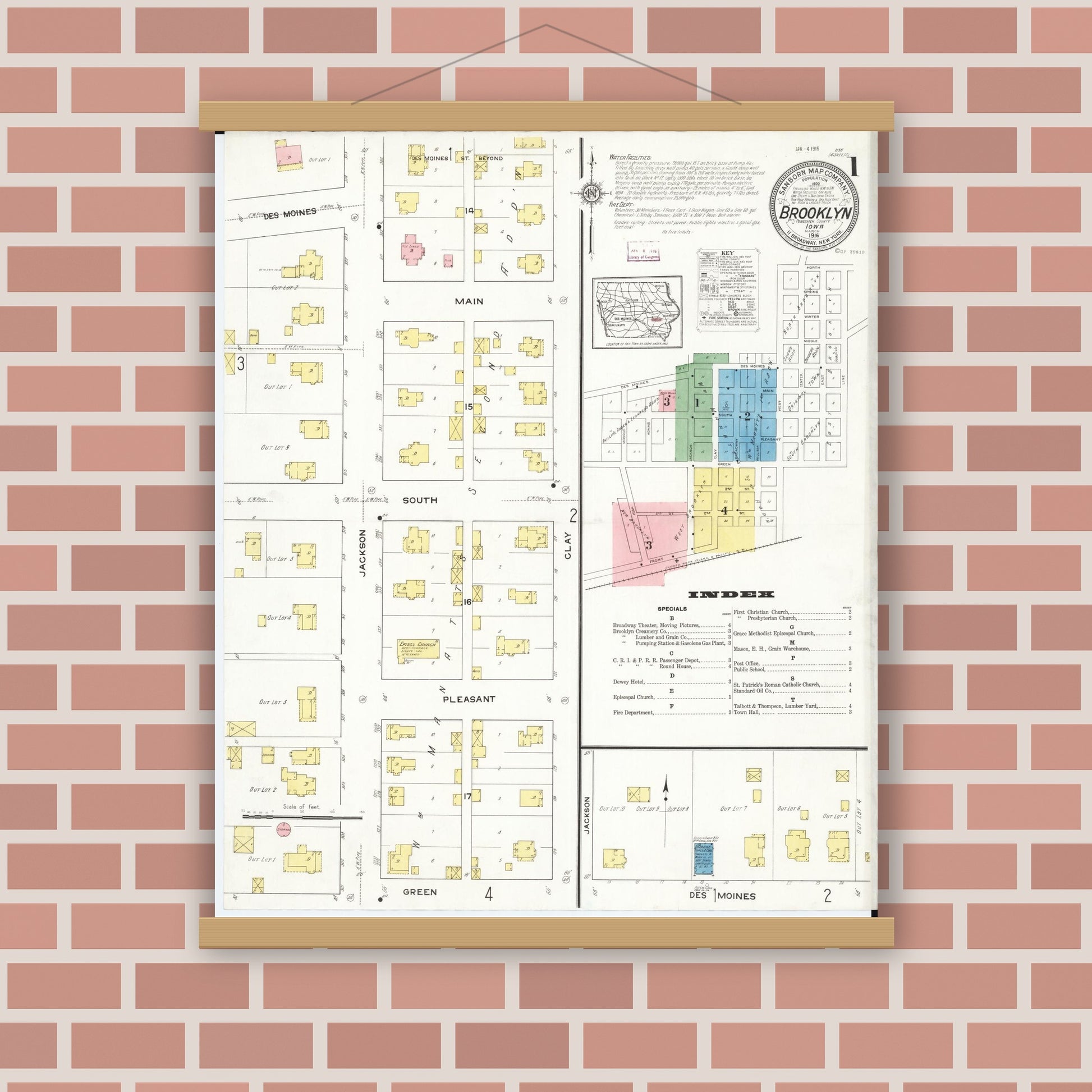 Old map wall art mockup — magnetic wood frame on brick wall — Sanborn Fire Insurance Map from Brooklyn, Poweshiek County, Iowa (1916) â€” Complete Set