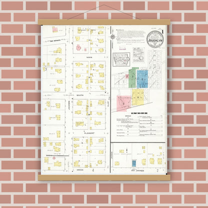Old map wall art mockup — magnetic wood frame on brick wall — Sanborn Fire Insurance Map from Brooklyn, Poweshiek County, Iowa (1916) â€” Complete Set