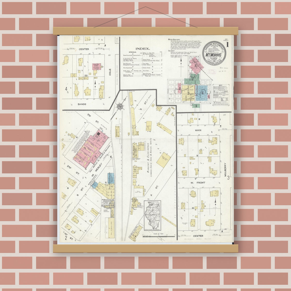 Old map wall art mockup — magnetic wood frame on brick wall — Sanborn Fire Insurance Map from Mount Morris, Ogle County, Illinois (1912) - Complete Map Set