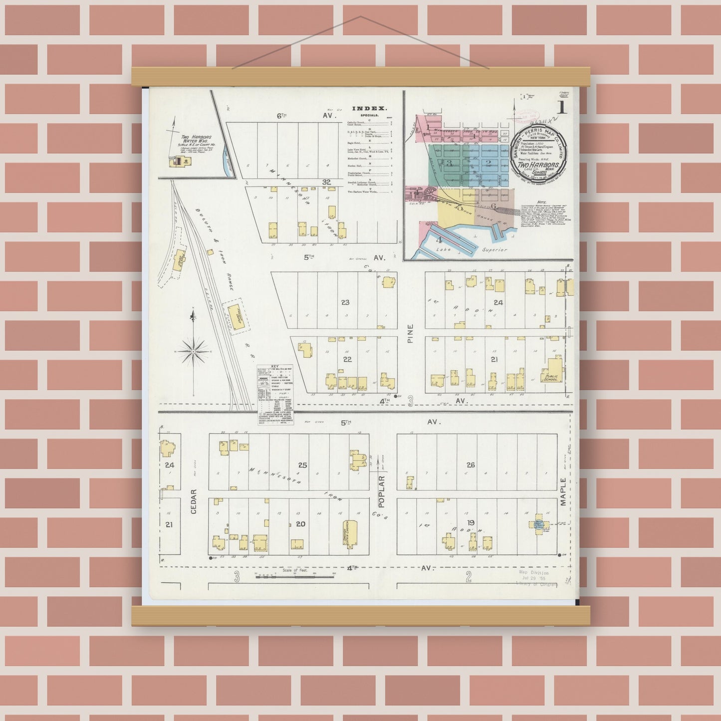 Old map wall art mockup — magnetic wood frame on brick wall — Sanborn Fire Insurance Map from Two Harbors, Lake County, Minnesota (1892) - Complete Map Set