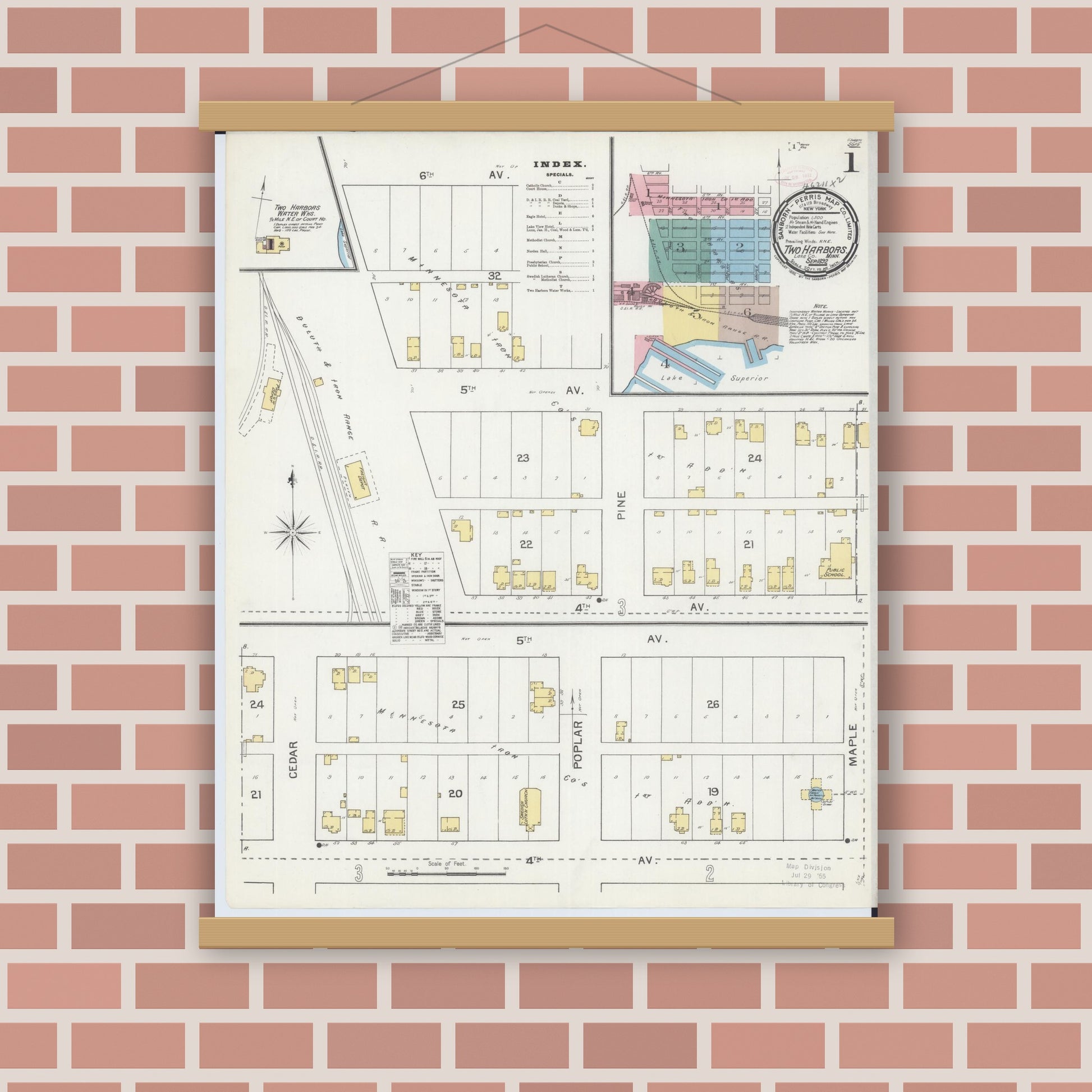 Old map wall art mockup — magnetic wood frame on brick wall — Sanborn Fire Insurance Map from Two Harbors, Lake County, Minnesota (1892) - Complete Map Set