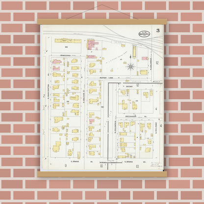 Old map wall art mockup — magnetic wood frame on brick wall — Sanborn Fire Insurance Map from Marshall, Harrison County, Texas (1904), Sheet #0003