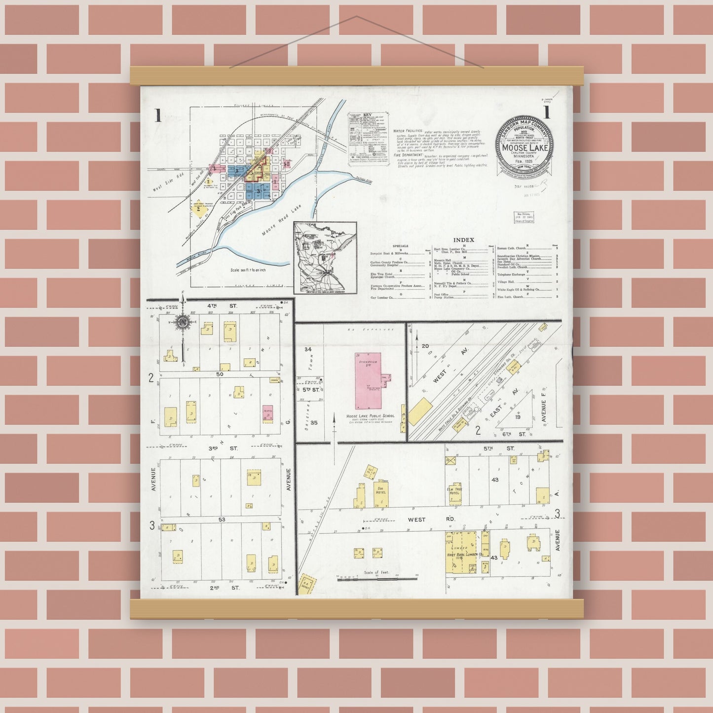 Old map wall art mockup — magnetic wood frame on brick wall — Sanborn Fire Insurance Map from Moose Lake, Carlton County, Minnesota (1925) - Complete Map Set
