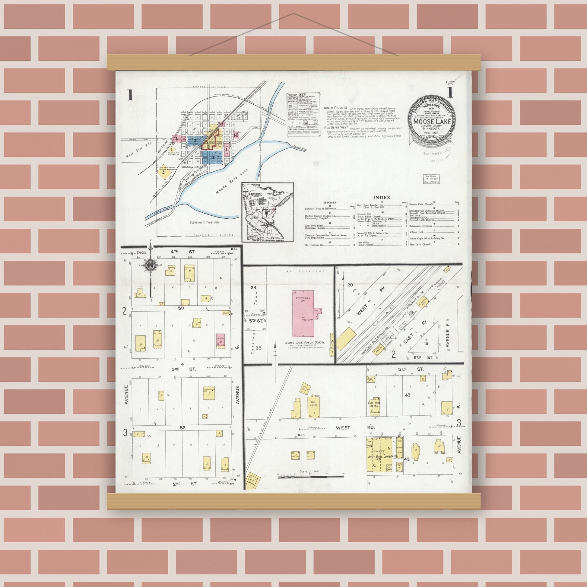 Old map wall art mockup — magnetic wood frame on brick wall — Sanborn Fire Insurance Map from Moose Lake, Carlton County, Minnesota (1925) - Complete Map Set