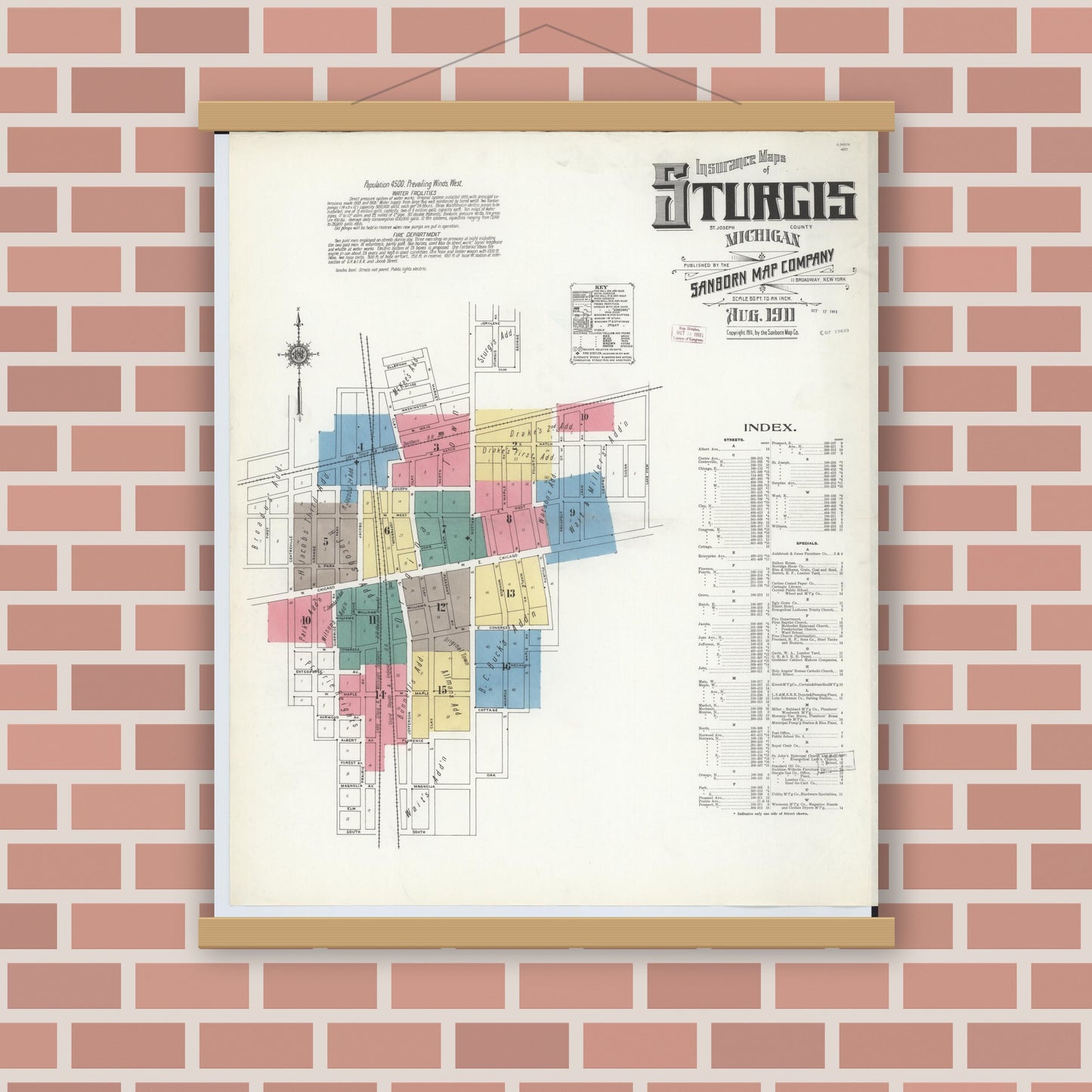 Old map wall art mockup — magnetic wood frame on brick wall — Sanborn Fire Insurance Map from Sturgis, Saint Joseph County, Michigan (1911) - Complete Map Set