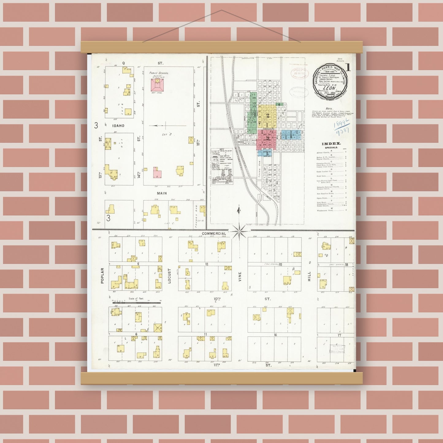Old map wall art mockup — magnetic wood frame on brick wall — Sanborn Fire Insurance Map from Leon, Decatur County, Iowa (1898), Sheet #0001