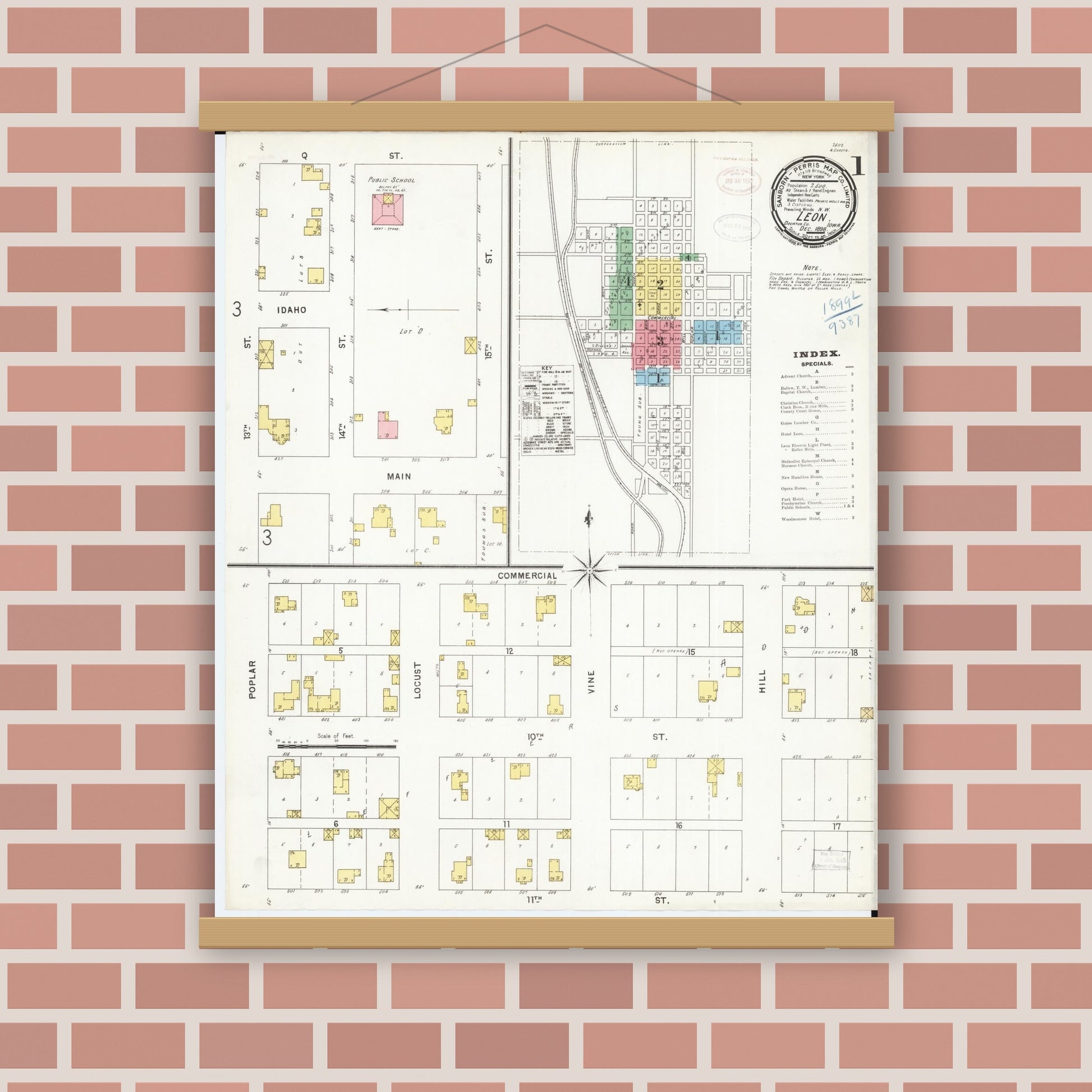 Old map wall art mockup — magnetic wood frame on brick wall — Sanborn Fire Insurance Map from Leon, Decatur County, Iowa (1898), Sheet #0001