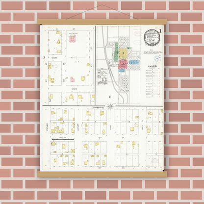 Old map wall art mockup — magnetic wood frame on brick wall — Sanborn Fire Insurance Map from Leon, Decatur County, Iowa (1898), Sheet #0001
