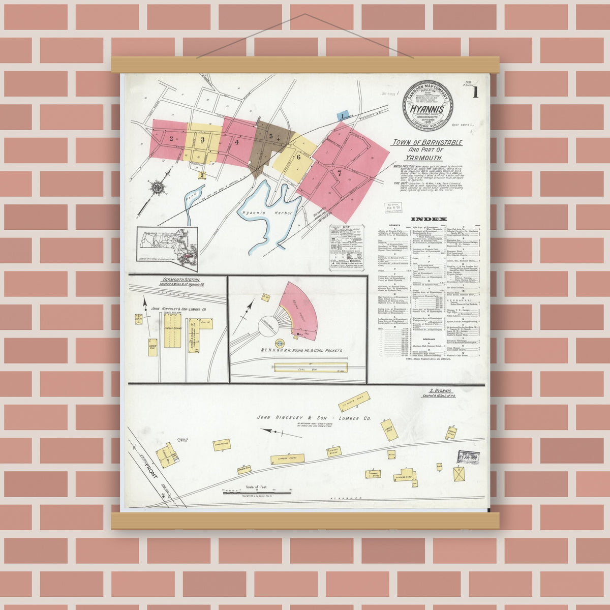 Old map wall art mockup — magnetic wood frame on brick wall — Sanborn Fire Insurance Map from Hyannis, Barnstable County, Massachusetts (1919) - Complete Map Set