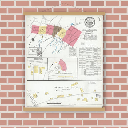 Old map wall art mockup — magnetic wood frame on brick wall — Sanborn Fire Insurance Map from Hyannis, Barnstable County, Massachusetts (1919) - Complete Map Set