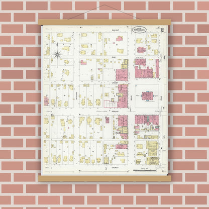 Old map wall art mockup — magnetic wood frame on brick wall — Sanborn Fire Insurance Map from Harrisburg, Saline County, Illinois (1907), Sheet #0002