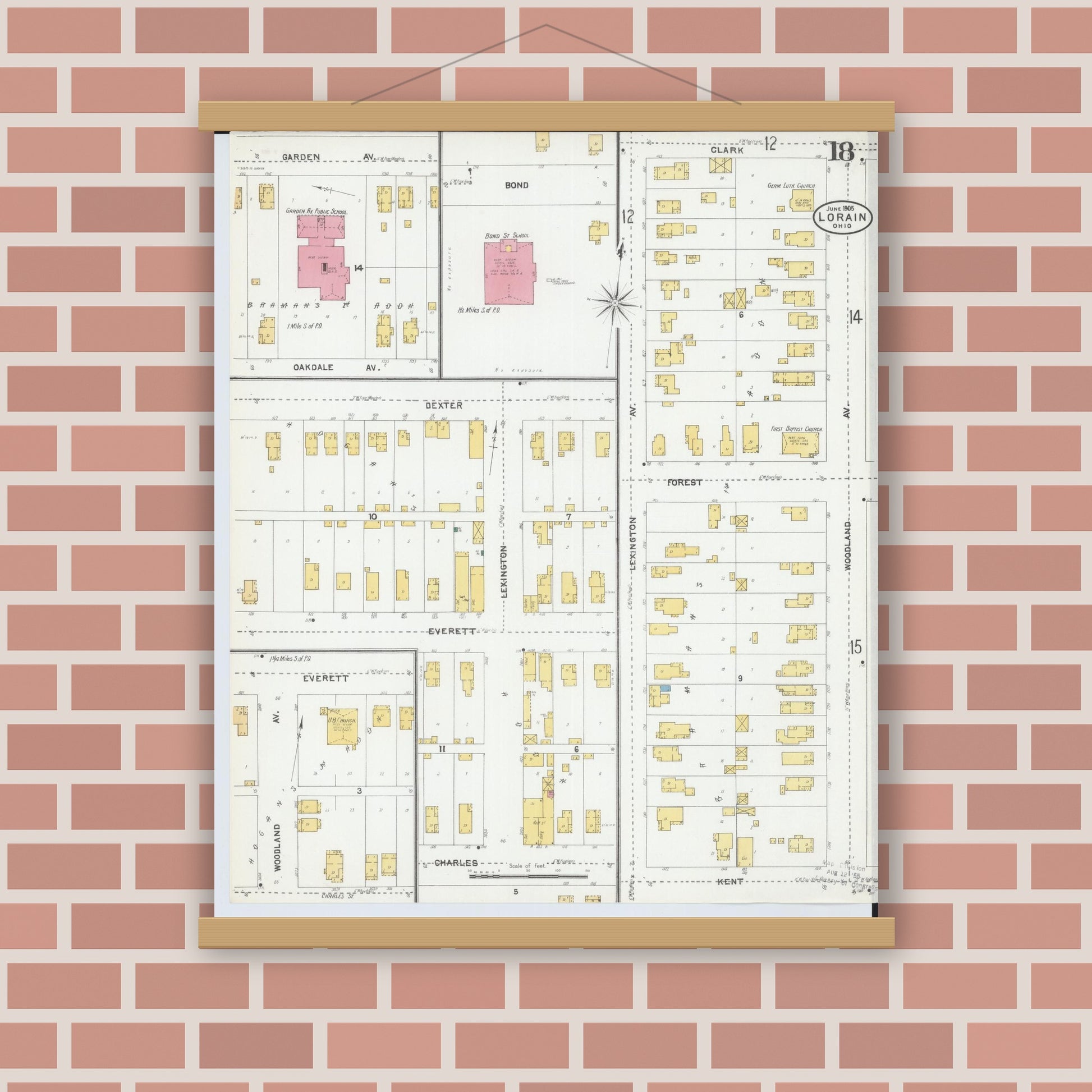 Old map wall art mockup — magnetic wood frame on brick wall — Sanborn Fire Insurance Map from Lorain, Lorain County, Ohio (1905), Sheet #0018
