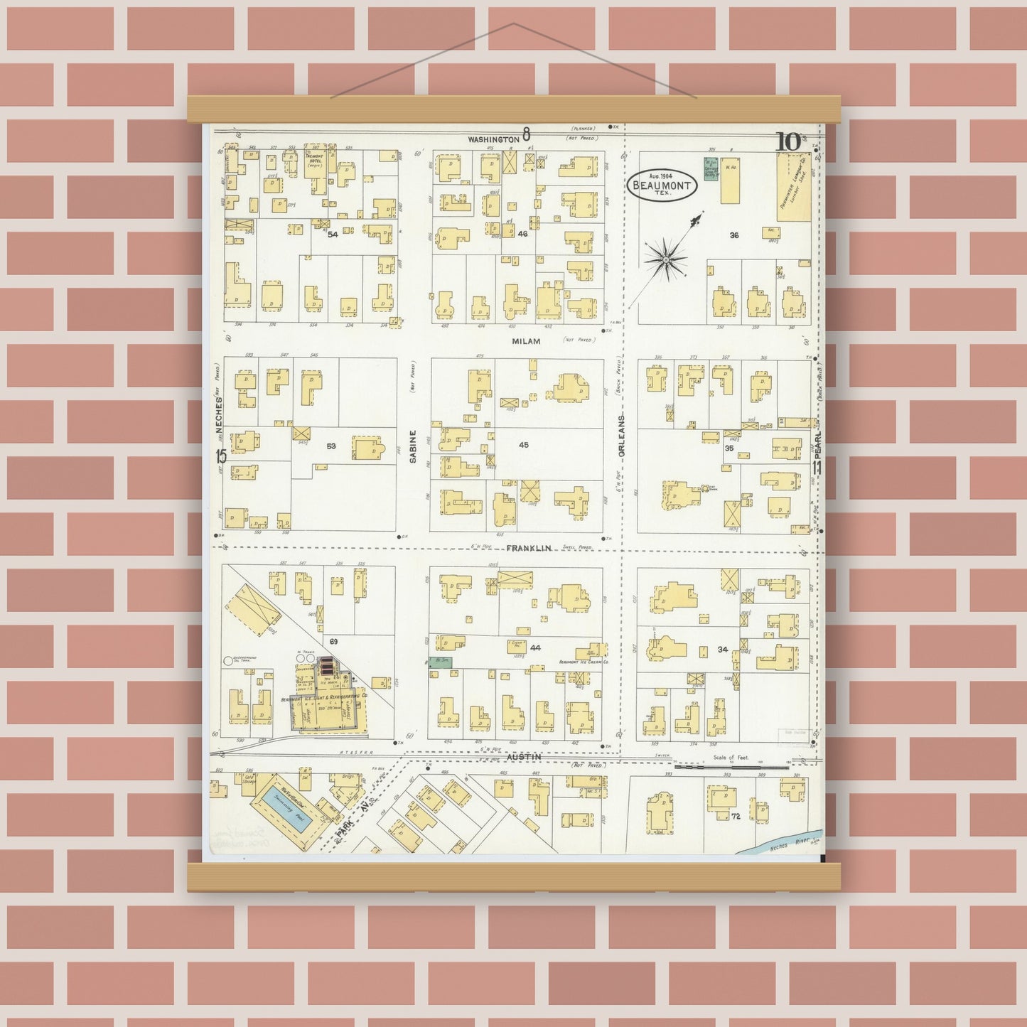 Old map wall art mockup — magnetic wood frame on brick wall — Sanborn Fire Insurance Map from Beaumont, Jefferson County, Texas (1904), Sheet #0010