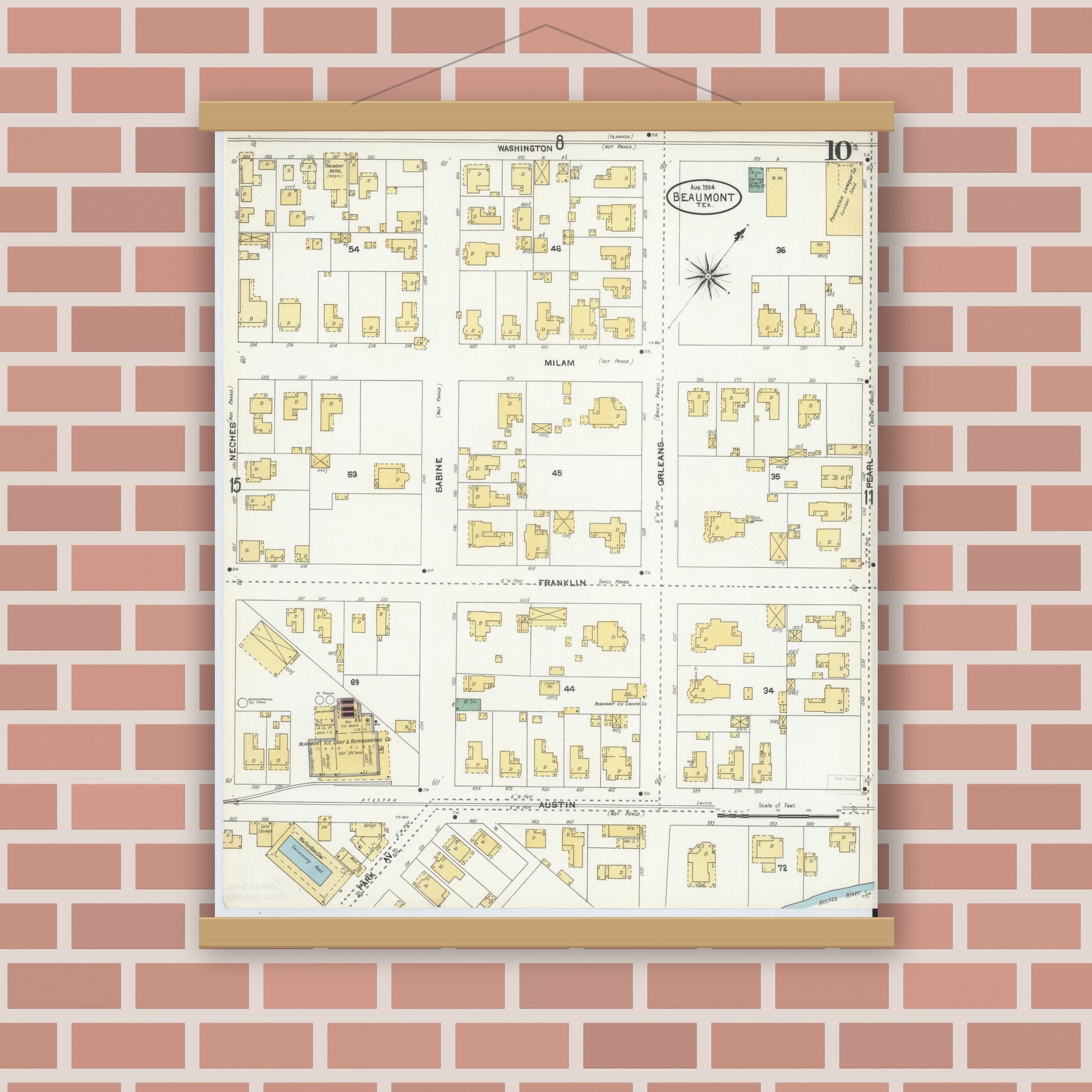 Old map wall art mockup — magnetic wood frame on brick wall — Sanborn Fire Insurance Map from Beaumont, Jefferson County, Texas (1904), Sheet #0010