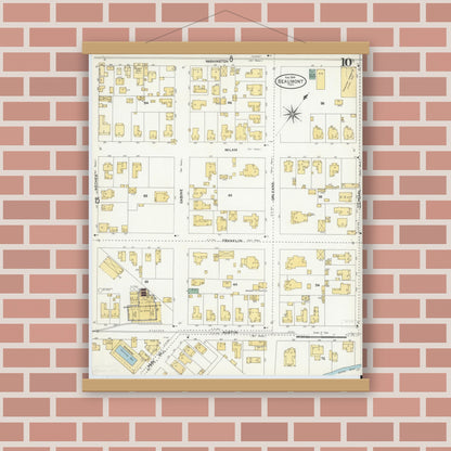 Old map wall art mockup — magnetic wood frame on brick wall — Sanborn Fire Insurance Map from Beaumont, Jefferson County, Texas (1904), Sheet #0010