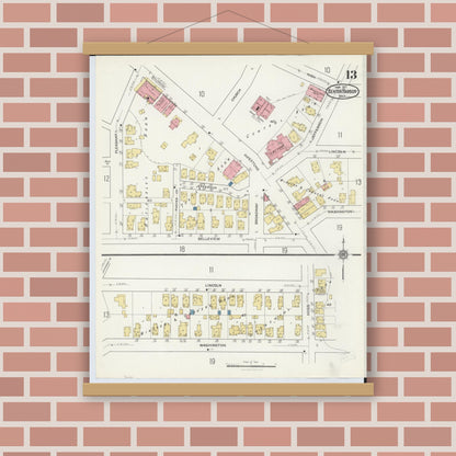 Old map wall art mockup — magnetic wood frame on brick wall — Sanborn Fire Insurance Map from Benton Harbor, Berrien County, Michigan (1917), Sheet #0013