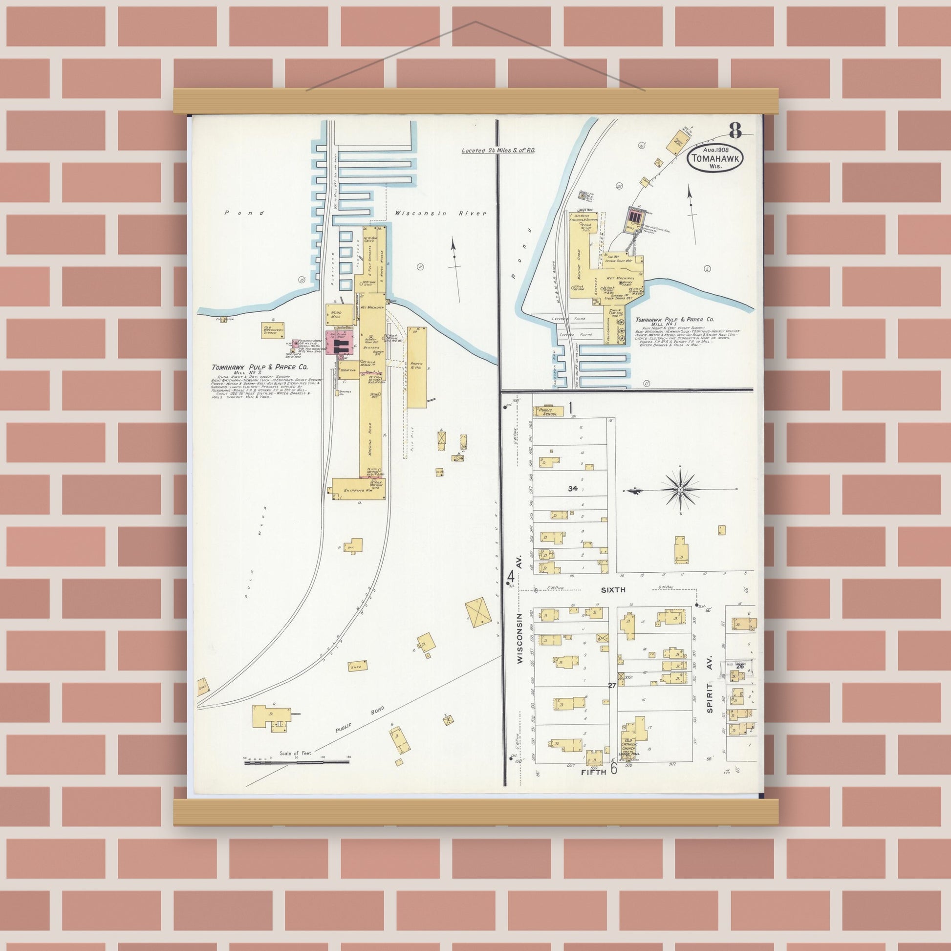 Old map wall art mockup — magnetic wood frame on brick wall — Sanborn Fire Insurance Map from Tomahawk, Lincoln County, Wisconsin (1908), Sheet #0008