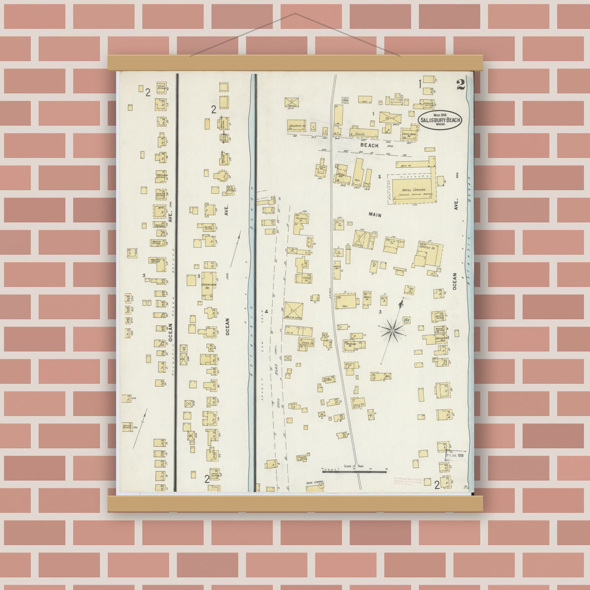 Old map wall art mockup — magnetic wood frame on brick wall — Sanborn Fire Insurance Map from Salisbury, Essex County, Massachusetts (1898), Sheet #0002