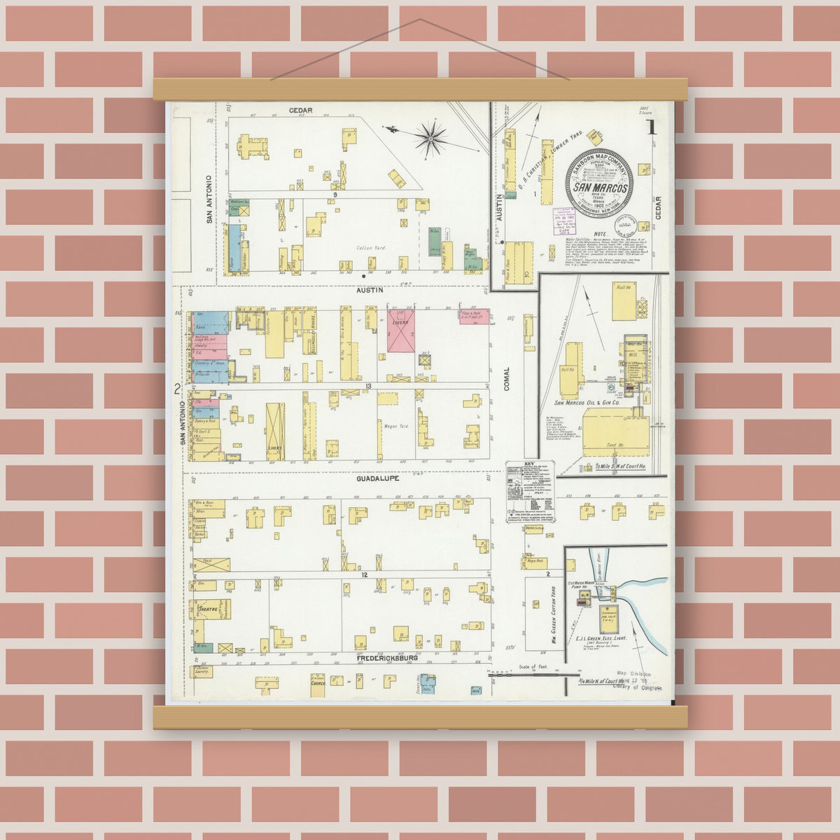 Old map wall art mockup — magnetic wood frame on brick wall — Sanborn Fire Insurance Map from San Marcos, Hays County, Texas (1902) - Complete Map Set