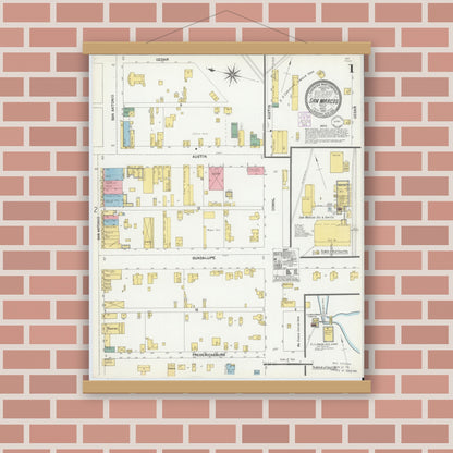 Old map wall art mockup — magnetic wood frame on brick wall — Sanborn Fire Insurance Map from San Marcos, Hays County, Texas (1902) - Complete Map Set