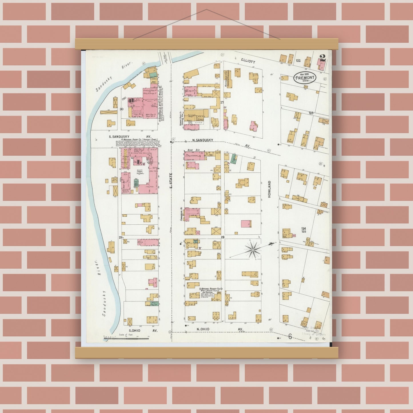 Old map wall art mockup — magnetic wood frame on brick wall — Sanborn Fire Insurance Map from Fremont, Sandusky County, Ohio (1899), Sheet #0002