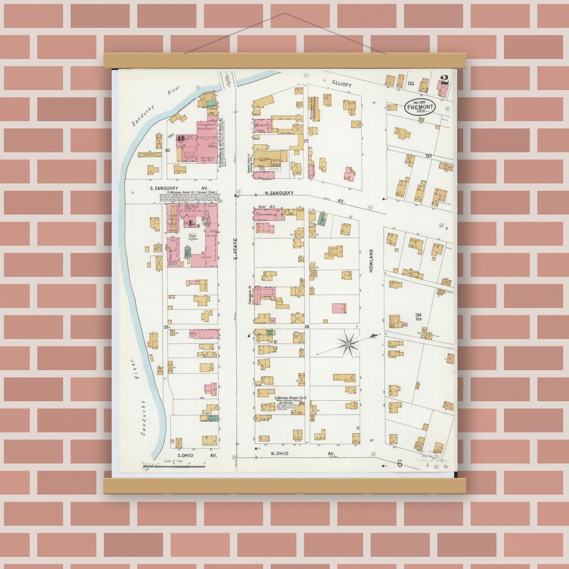 Old map wall art mockup — magnetic wood frame on brick wall — Sanborn Fire Insurance Map from Fremont, Sandusky County, Ohio (1899), Sheet #0002