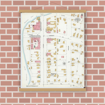 Old map wall art mockup — magnetic wood frame on brick wall — Sanborn Fire Insurance Map from Fremont, Sandusky County, Ohio (1899), Sheet #0002