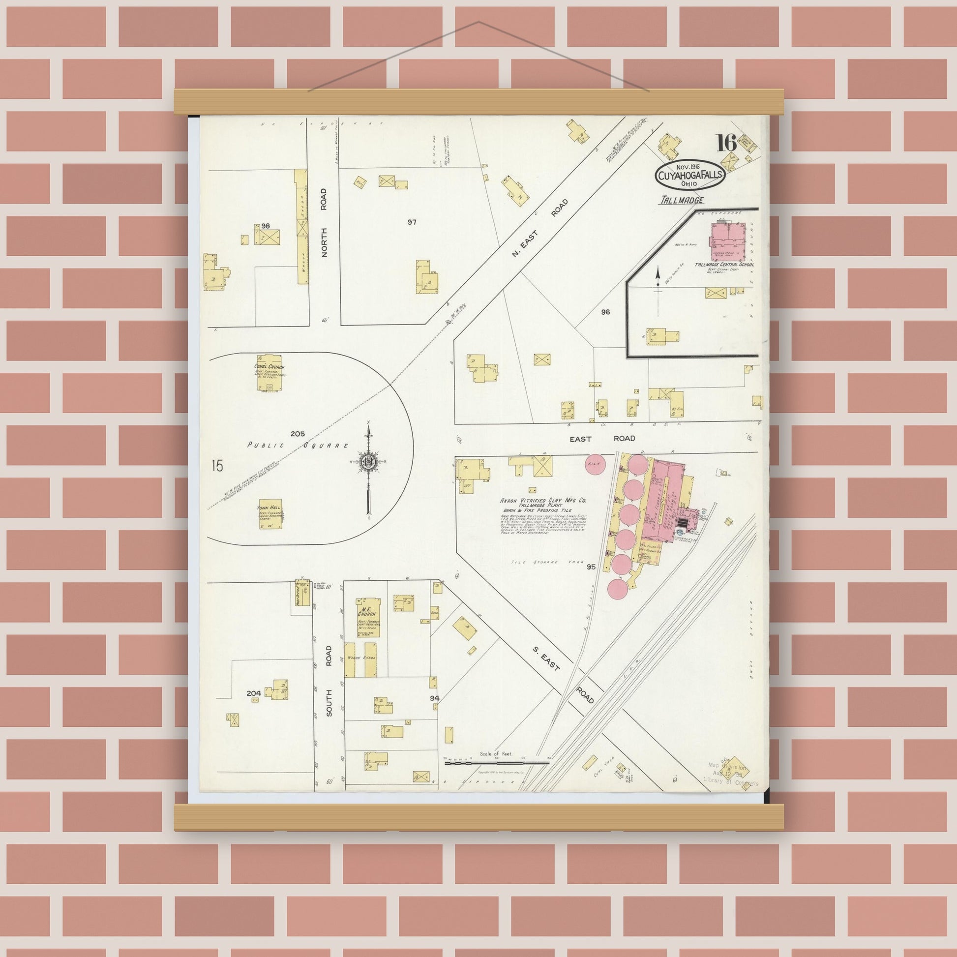 Old map wall art mockup — magnetic wood frame on brick wall — Sanborn Fire Insurance Map from Cuyahoga Falls, Summit County, Ohio (1916), Sheet #0016